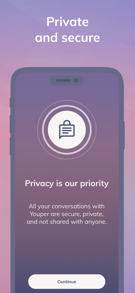 Youper: AI Mental Health - Pantalla de la aplicación Youper detallando funciones de chat privadas y seguras