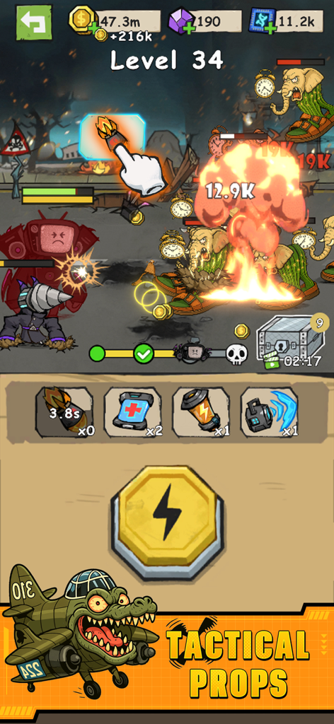 Blade Clash: Hero Rush Games - A gameplay screenshot of Blade Clash Hero Rush showing tactical props and an explosion during a battle with cartoon monsters.
