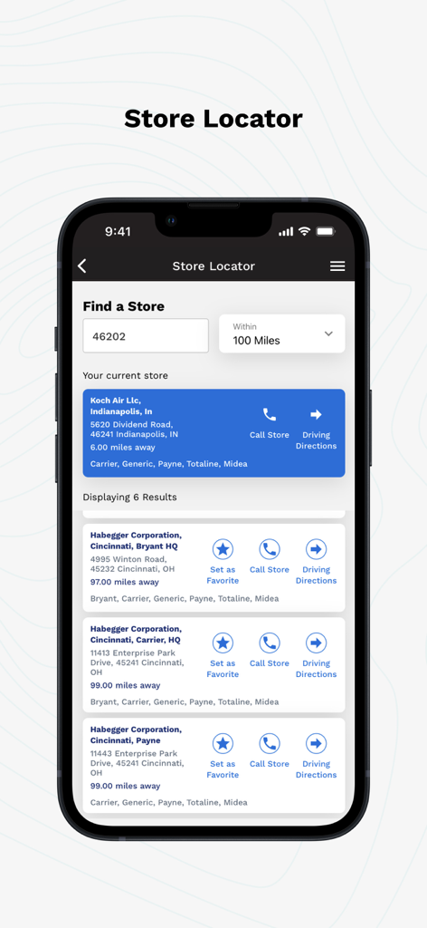 Carrier® Service Technician - Carrier Service Technician app store locator interface showing nearby HVAC parts centers with navigation and contact options