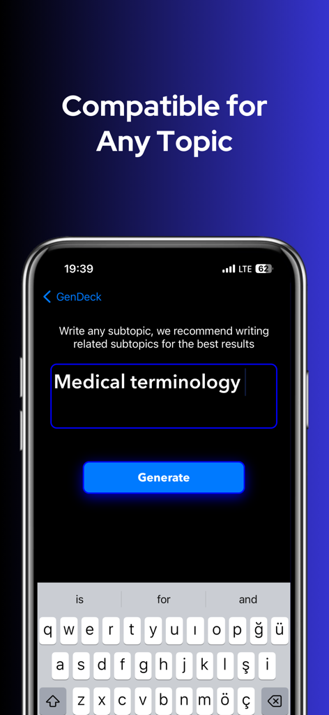 Recollio: AI Flash Cards Maker - Recollio mobile interface showing the generation of AI flashcards for a specific topic like Medical terminology.
