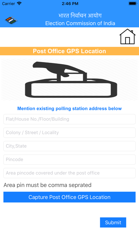 Tela do aplicativo BLO Register para capturar a localização GPS da agência dos correios e detalhes do endereço da seção eleitoral