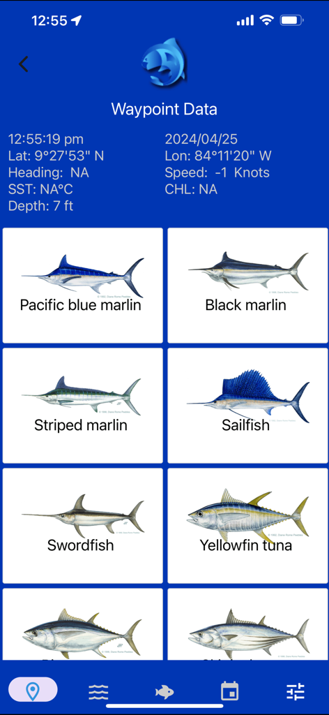 PezCA app screen displaying waypoint data and a visual guide for offshore fish species including marlin and tuna.