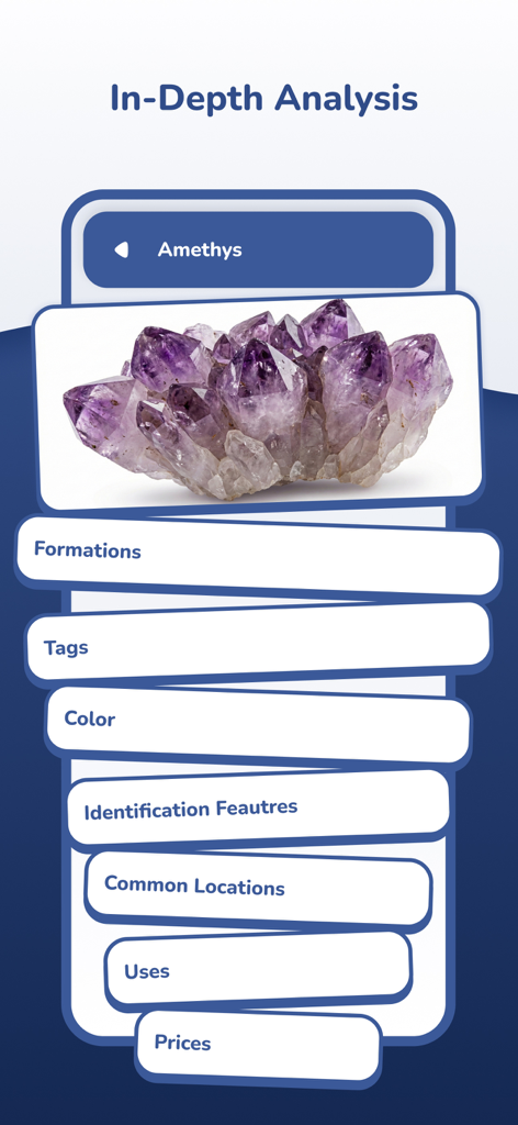 Rock and Mineral Identifier AI - Interfaz de análisis en profundidad de una gema de amatista que presenta datos geológicos y precios de mercado.