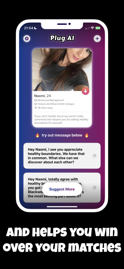 Plug AI: Pick Up Lines & Rizz - Plug AI app interface generating personalized dating messages for a match profile