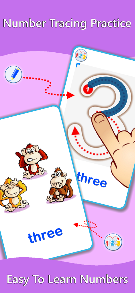 123 Numbers Flashcards - Tarjeta digital para aprender a trazar el número tres y contar monos en una aplicación educativa para niños pequeños