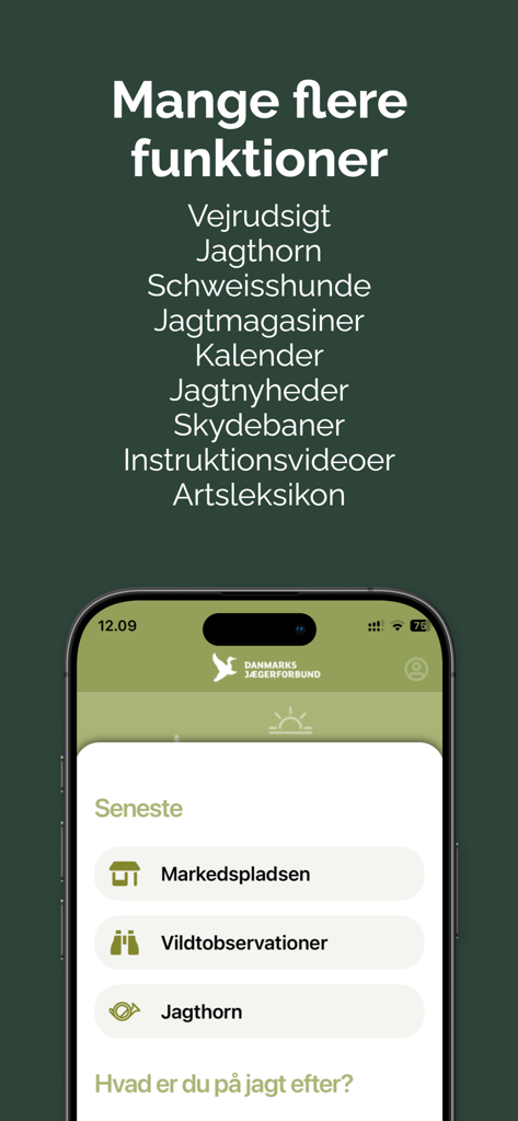 Jæger - Uma tela do aplicativo Jaeger listando recursos de caça como previsões do tempo, sinais de buzina de caça e um mercado