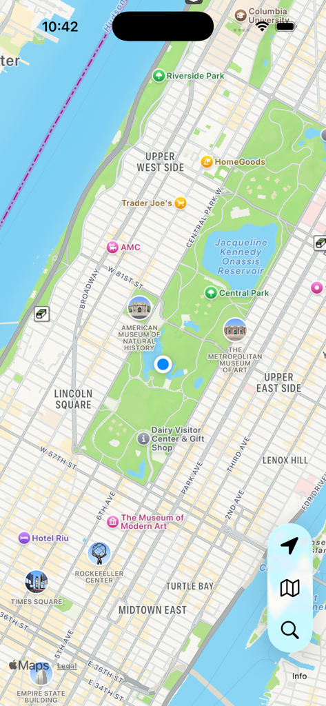 Visualização do mapa da cidade de Nova York no aplicativo GeoCaches mostrando locais de geocaching ao redor do Central Park