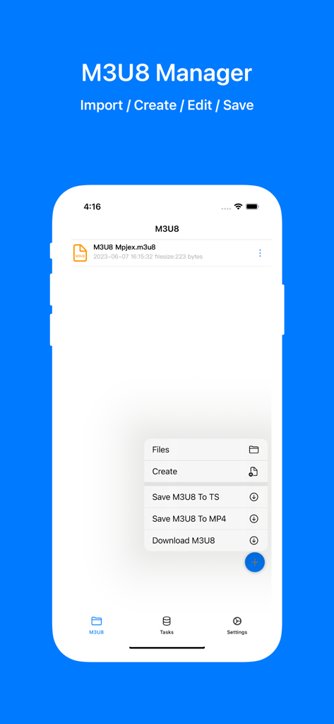 M3U8 Mpjex - M3U8 Mpjex app on iPhone showing a menu to convert video streams to MP4 and TS files