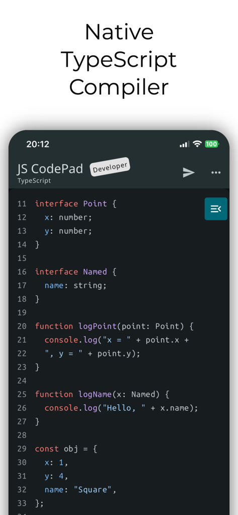 JavaScript Coding Editor & IDE - Interface mobile de JS CodePad montrant l'édition de code TypeScript avec des fonctionnalités de compilation natives
