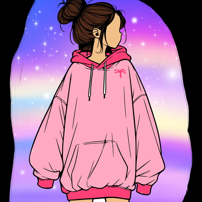 realistic girl with a oversized sweatshirt on and a bun