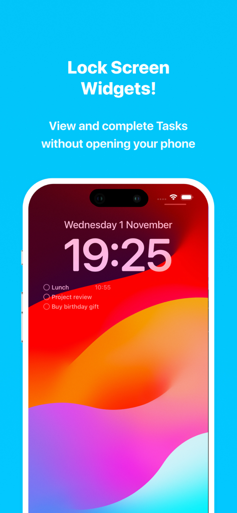 iPhone lock screen displaying task widgets for the Done app including lunch and project review.