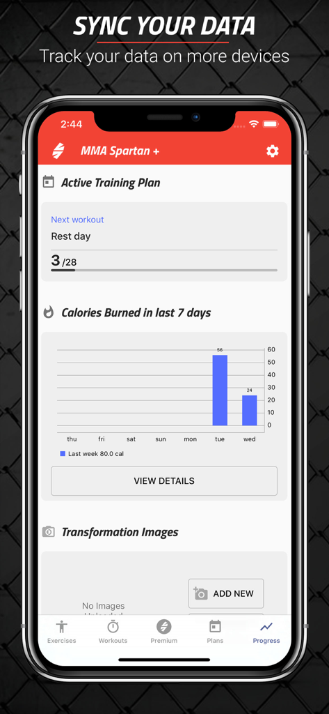 MMA Spartan Workouts Pro - Dashboard showing training progress and calorie tracking in the MMA Spartan Workouts app