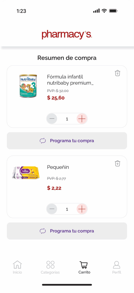 Pharmacys mobile app purchase summary screen showing infant formula and baby wipes in the shopping cart