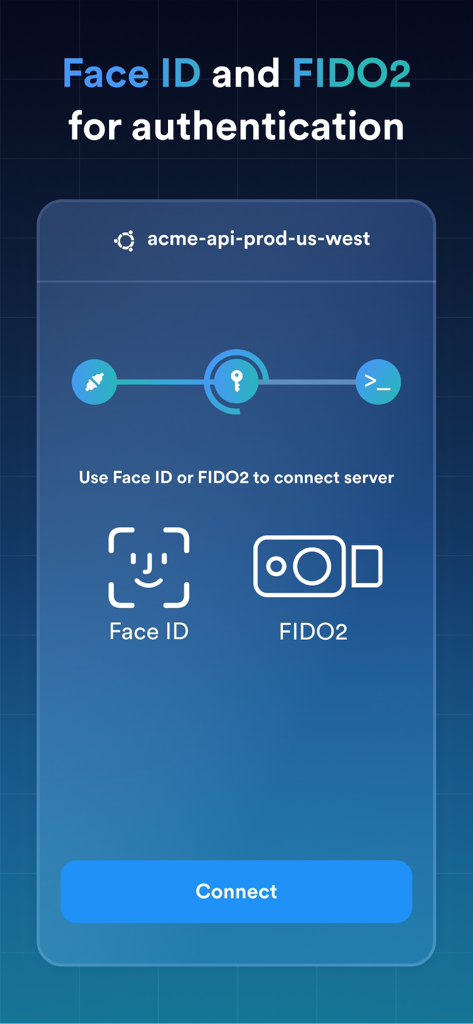 Termius - Modern SSH Client - Termius SSH client interface displaying Face ID and FIDO2 authentication options for secure server connection