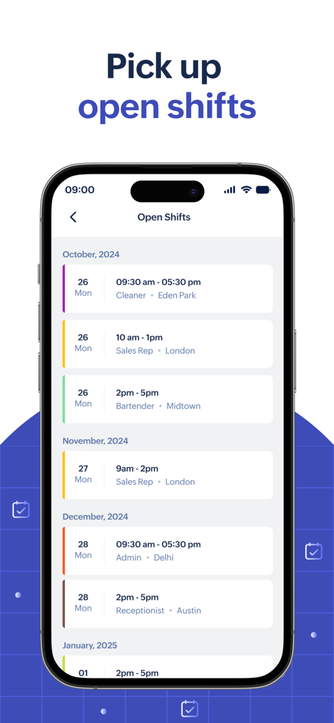 Zoho Shifts app interface showing a list of available open shifts that employees can pick up