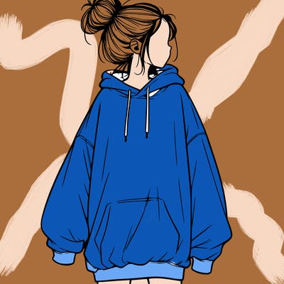 realistic girl with a oversized sweatshirt on and a bun