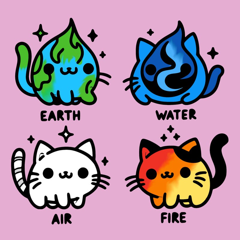4 cats that represent the different elements, earth, water, air, and fire