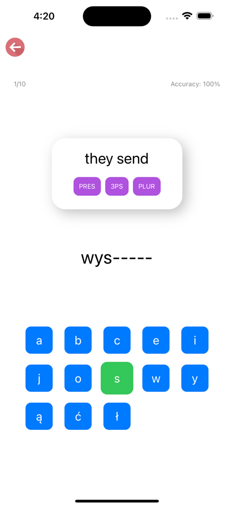 Polish Verb Blitz app showing a gapfill conjugation quiz for the phrase they send