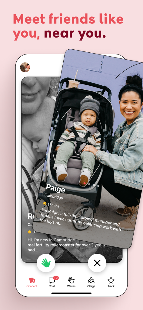 Peanut App: Find Mom Friends - Peanut app interface showing a profile card of a local mom with her baby in a stroller