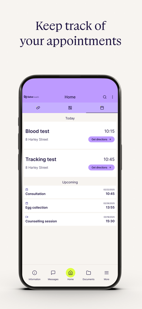 Salve - Screenshot of the Salve app showing a fertility treatment appointment schedule with sections for today and upcoming sessions.