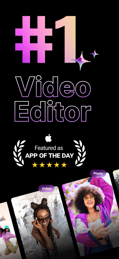 Promotional screen for Video Up! featuring it as the number one video editor and Apple App of the Day with a five star rating.