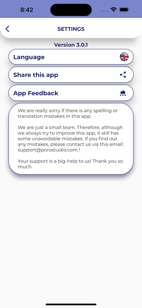 Chinese GrammarーLessons・Tests - The settings menu of the Chinese Grammar Lessons and Tests app featuring language options and a developer feedback section.