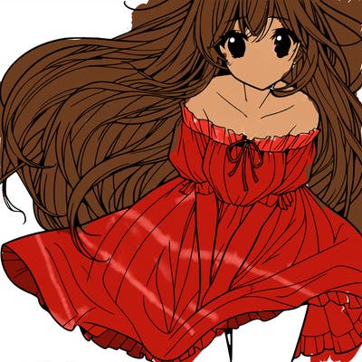 manga girl with long flowing hair and a dress that is pushed down