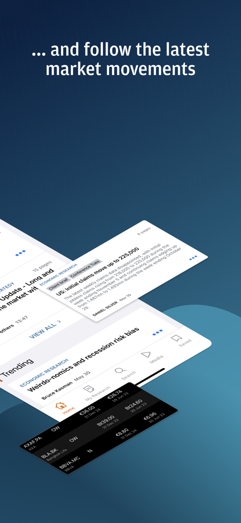 JP Morgan Markets app interface featuring economic research headlines and market performance tracking