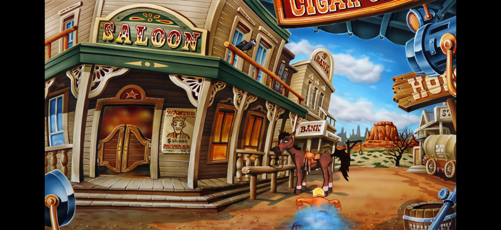 Polda 6 - A hand-drawn cartoon wild west movie set with a saloon bank and horse in the Polda 6 adventure game
