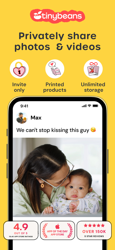 Tinybeans Private Family Album - Tinybeans app interface showing private family photo sharing features with a mother and baby.
