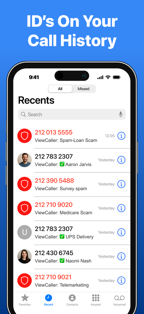 ViewCaller: Caller ID - Interface do aplicativo ViewCaller mostrando chamadores identificados e rótulos de spam no histórico de chamadas