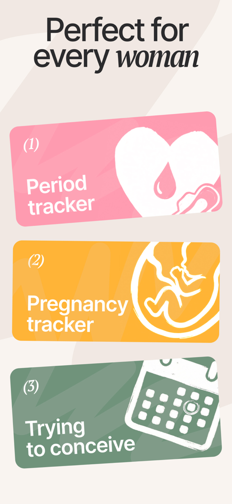 Period: Period Tracker & Cycle - A graphic showing the three main modes of the app: Period tracker, Pregnancy tracker, and Trying to conceive.