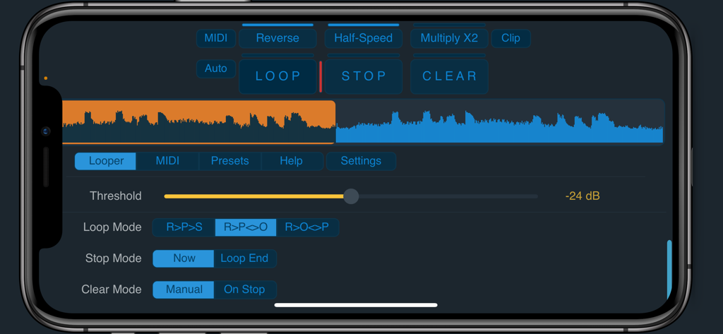 SimpLoop - Interface of the SimpLoop app on a mobile device showing audio waveforms and looper control settings.