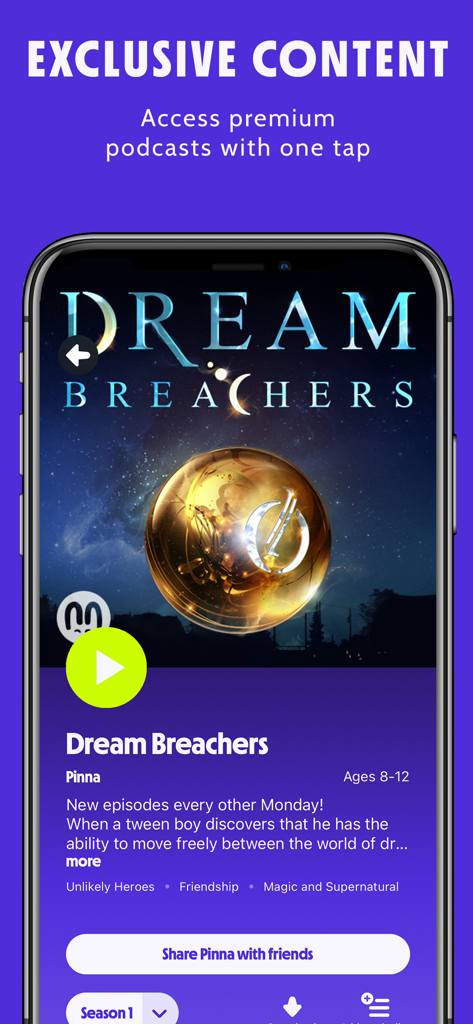 Pinna: Audio stories for kids - Screenshot of the Pinna app showing the exclusive audio story Dream Breachers for kids.
