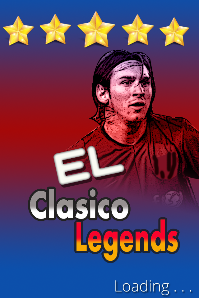 El Clasico Legends Quiz 2013/2014 - Top 11 Dream League Soccer Teams of UEFA football History - リオネル・メッシの様式化されたイラストを特徴とするエル・クラシコ・レジェンズ・クイズアプリのスプラッシュ画面