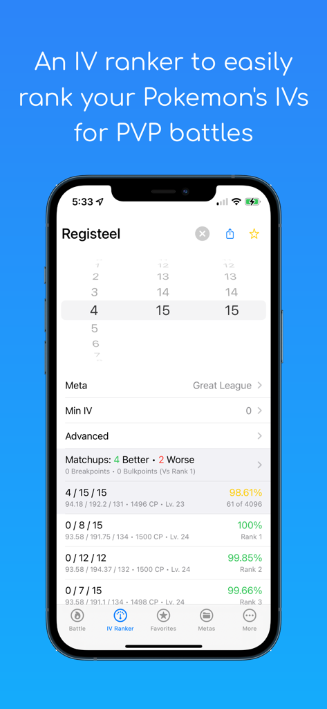 PVP IV app interface showing Pokemon IV rankings and stats for competitive play.