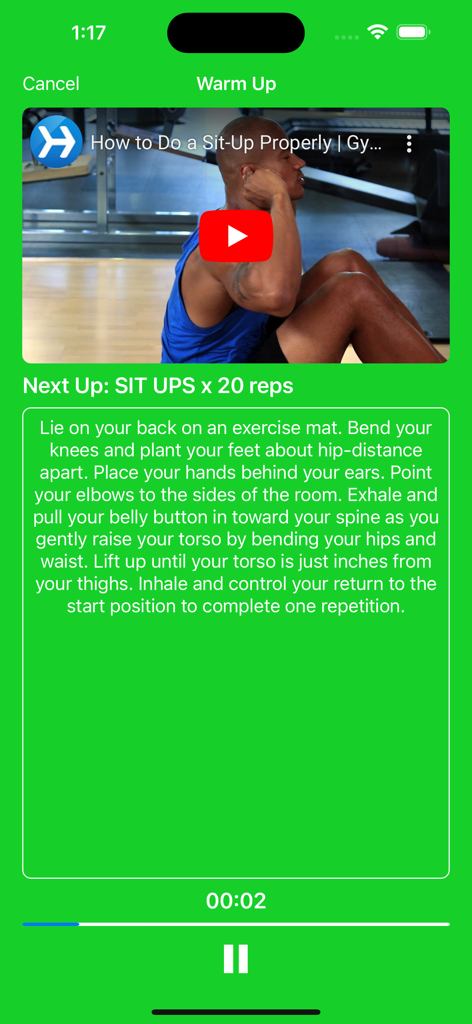 Video tutorial e instrucciones del ejercicio de abdominales en la aplicación Reto de Ejercicio de 30 Días