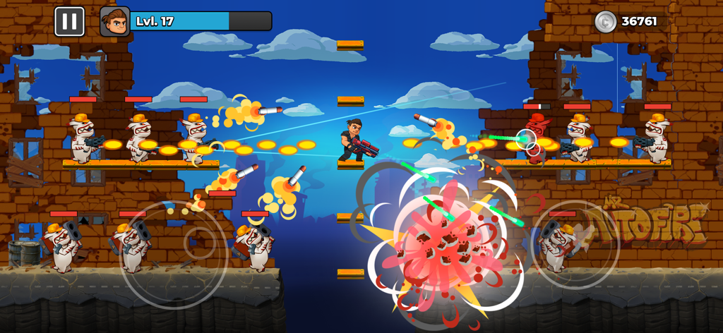 Mr Autofire character shooting alien monsters on platforms with a large explosion