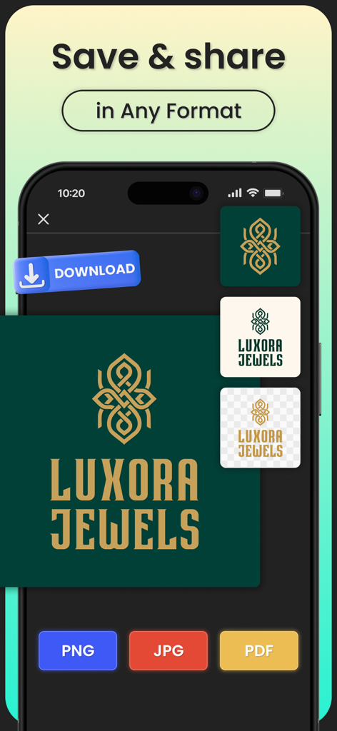 Logo Maker：Logo Design - Tela de smartphone exibindo o aplicativo de design de logos com opções de exportação para formatos PNG, JPG e PDF