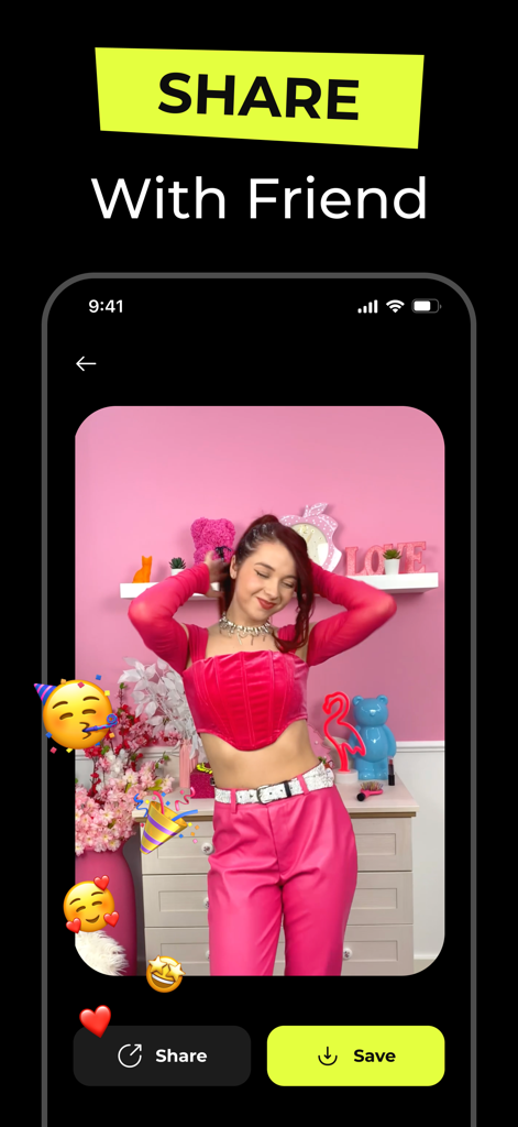 AI Hug & Kiss Video Creator - App interface showing options to share or save a created AI video with friends
