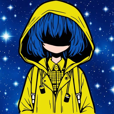 little anime girl in a raincoat her hair is covering her eyes she has a lighter