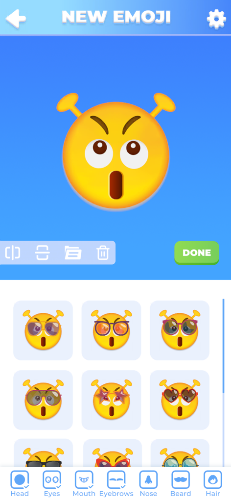 Emoji & Sticker Design Lab - A screenshot of the Emoji and Sticker Design Lab app interface showing how to customize a yellow alien emoji with different sunglasses and facial features.