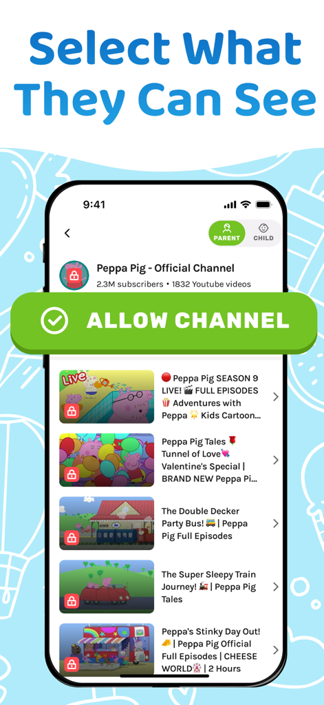 Kids Videos Mode for Youtube - Parental control interface showing the allow channel feature for YouTube videos