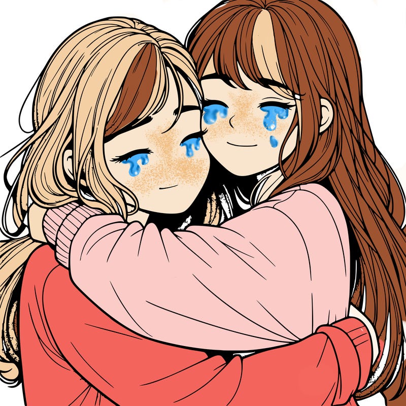 realistic two girls hugging