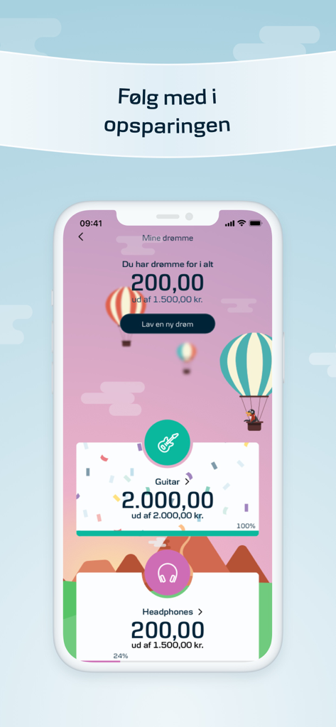 Mobile screen displaying savings progress for a guitar and headphones in the Lommepenge app