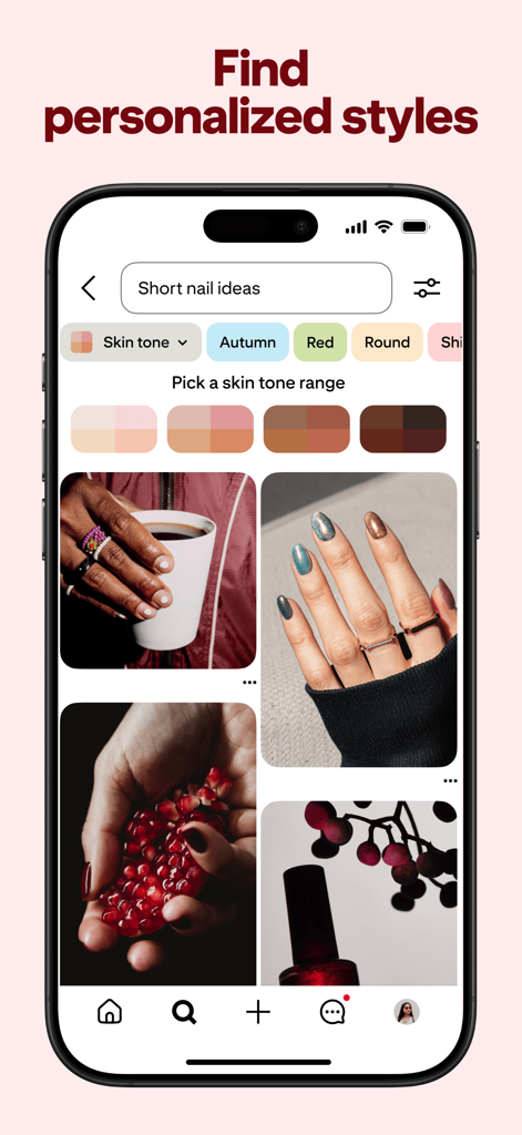 Pinterest mobile app showing personalized nail style search results with skin tone filters