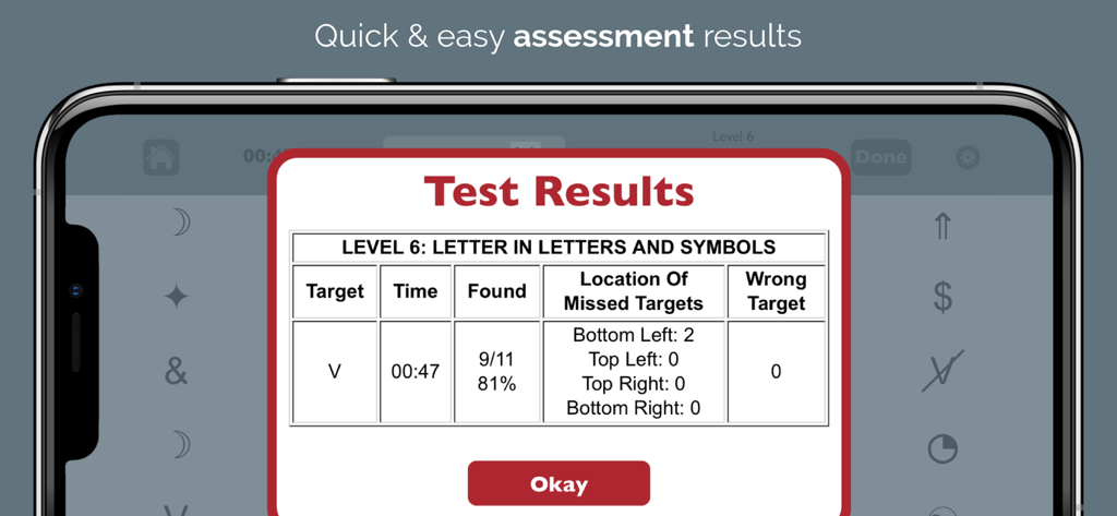 Detailed test results screen in Visual Attention Therapy Lite showing accuracy by quadrant and time taken.
