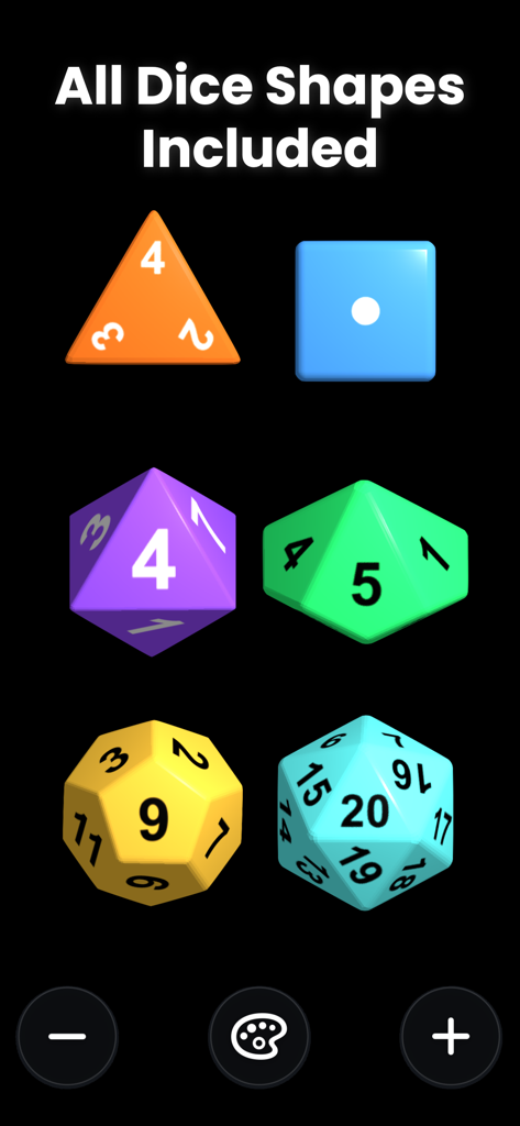 Dice Pro+ - Una selección de dados poliédricos de rol coloridos que incluyen d4, d6, d8, d10, d12 y d20.