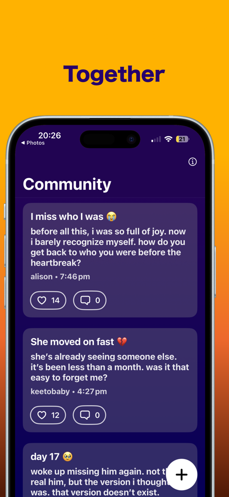BREAKFREE: No Contact Tracker - A screenshot of the BREAKFREE app community section where users share their experiences and support each other through breakups.