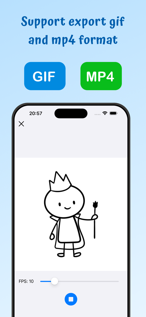 Animation Kit - Draw Animation - Interface de l'application Animation Kit montrant les options d'exportation pour les formats GIF et MP4 et un dessin de personnage simple.